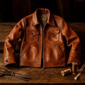 May include: A brown leather jacket with a zip-up front, two chest pockets, and two lower pockets. The jacket has a collar and buttoned cuffs. Scissors, thread, and a measuring tape are on the wooden surface.