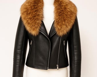 Giacca in pelle nera fatta a mano con collo in pelliccia di volpe marrone, cappotto invernale corto di lusso da donna