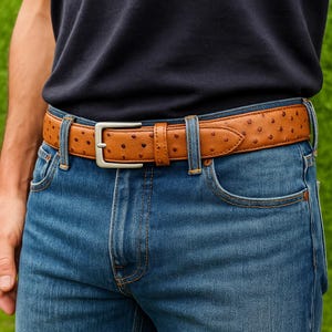 "Man wearing a tan ostrich-embossed genuine leather belt with stainless steel buckle, styled with blue jeans against a green grass background."