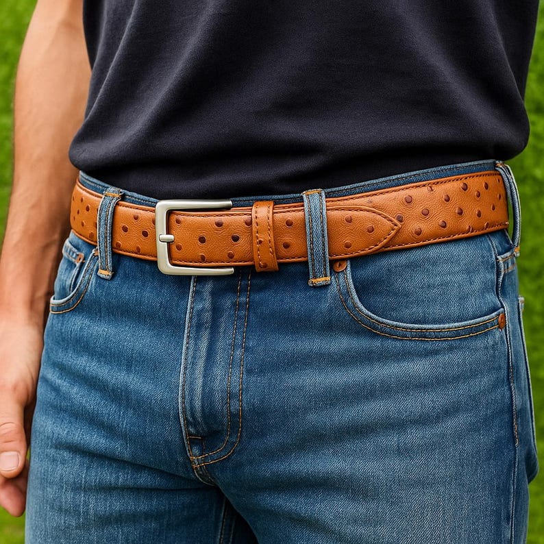 "Man wearing a tan ostrich-embossed genuine leather belt with stainless steel buckle, styled with blue jeans against a green grass background."