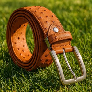 "Tan ostrich-embossed genuine leather belt with stainless steel buckle, coiled on fresh green grass under bright sunlight, showcasing texture."
