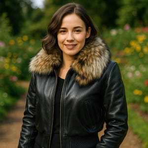 Peut inclure: Veste de bombardier en cuir noir avec col en fourrure. La veste a un ourlet et des poignets côtelés, et une fermeture éclair. Le col en fourrure est un mélange de couleurs marron et beige. L'arrière-plan est une scène extérieure floue avec de la verdure et des fleurs.