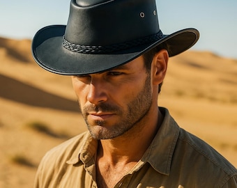 May include: A black leather hat with a braided band and a wide brim. The hat has two small eyelets on the side and a rounded crown. The hat is worn by a person in a tan button-down shirt.