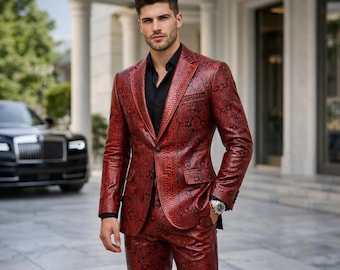 Handmade Red Python Leather Suit for Men Luxury Designer Outfit