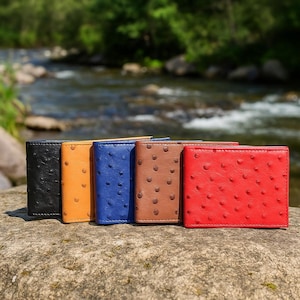 Handmade Ostrich Embossed Leather Wallet, Genuine Cowhide Bifold Wallet for Men, Slim Card Holder, Luxury Gift for Him