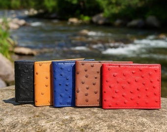 Ostrich Embossed Leather Bifold Wallet: Handmade Cowhide Card Holder
