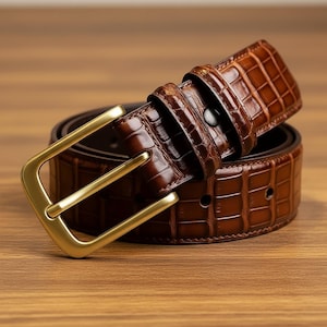 Op de afbeelding: Een bruine leren riem met een goudkleurige gesp. De riem heeft een textuur met krokodillenpatroon en een donkerbruine binnenkant. De gesp is rechthoekig met afgeronde randen.
