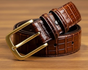 Mens Crocodile Embossed Leather Belt - Brass Buckle