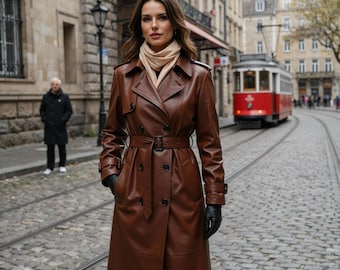 Handgefertigter langer brauner Leder-Trenchcoat für Damen - Vintage-Gürtelmantel in voller Länge