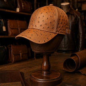 Può includere: Cappellino da baseball in pelle marrone con superficie strutturata, esposto su un espositore in legno. Il cappellino ha una visiera curva e una chiusura con fibbia. Lo sfondo mostra articoli in pelle e il testo "GENUINE LEATHER CRAFTED FOR LIFE" e "HANDMADE QUALITY TIMELESS STYLE".
