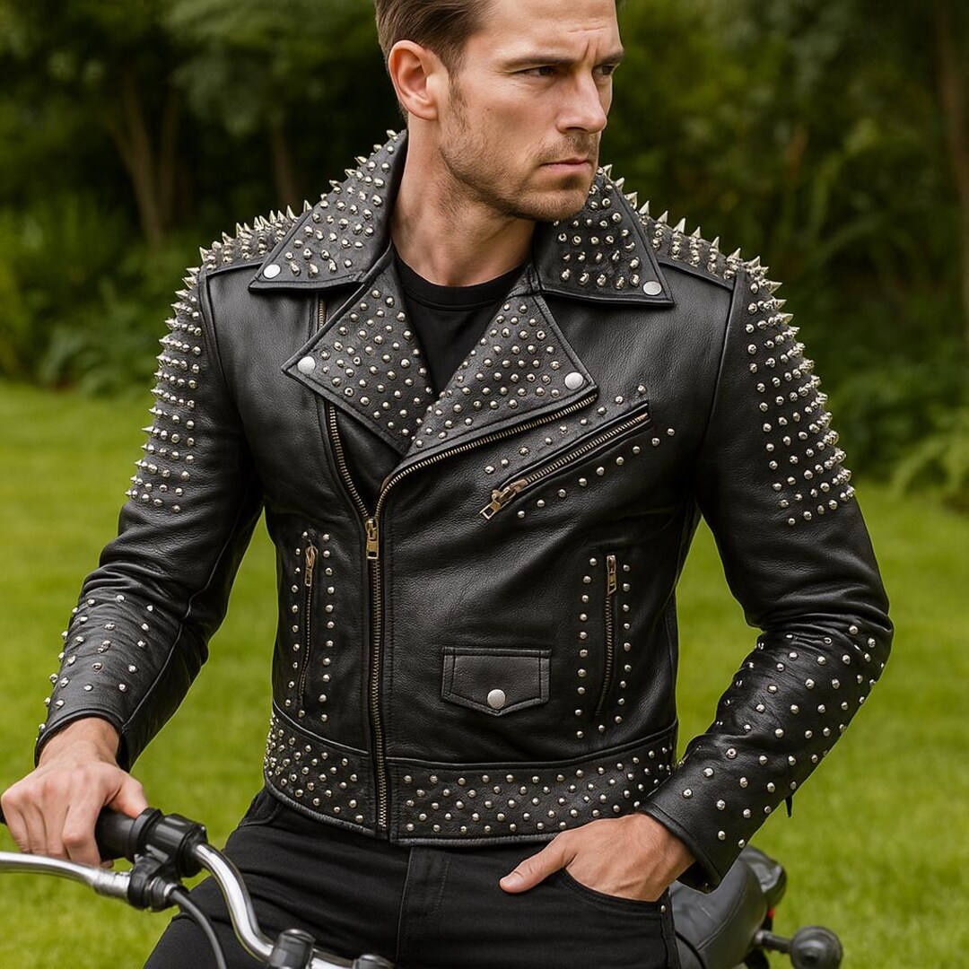 Handmade Black Leather Biker Jacket With Gold Studs & Spikes