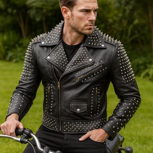Handmade Black Leather Biker Jacket with Gold Studs & Spikes – Punk Rock Heavy Metal Style
