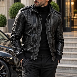 Schwarze Herren-Lederjacke mit Python-Prägung, Bomberjacke mit Schlangenmuster, Luxusjacke aus echtem Leder, Geschenk für ihn