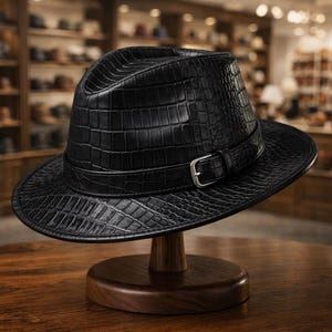 Puede incluir: Un sombrero fedora negro con textura de piel de cocodrilo, exhibido en un soporte de madera. El sombrero presenta una banda con una hebilla plateada. El fondo muestra una tienda de sombreros.