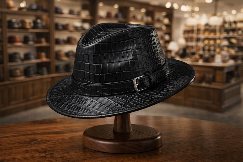 Puede incluir: Un sombrero fedora negro con textura de piel de cocodrilo, exhibido en un soporte de madera. El sombrero presenta una banda con una hebilla plateada. El fondo muestra una tienda de sombreros.