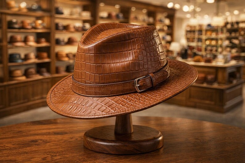 Puede incluir: Un sombrero fedora de cuero marr&oacute;n con textura de piel de cocodrilo, exhibido en un soporte de madera. El sombrero presenta una banda de cuero a juego con una hebilla plateada. El fondo muestra una sombrerer&iacute;a.
