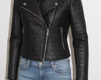 Handgefertigte Italienische Leder Bikerjacke: Krokodil Alligator Muster