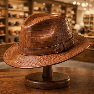 May include: A brown leather fedora hat with a crocodile skin texture, displayed on a wooden hat stand. The hat features a matching leather band with a silver buckle. The background shows a hat shop with shelves of hats.