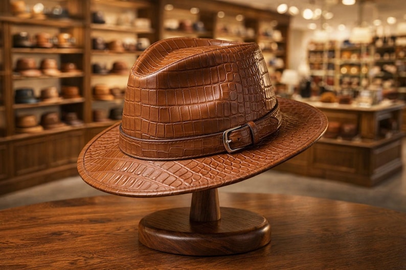 Puede incluir: Un sombrero fedora de cuero marr&oacute;n con textura de piel de cocodrilo, exhibido en un soporte de madera. El sombrero presenta una banda de cuero a juego con una hebilla plateada. El fondo muestra una sombrerer&iacute;a.