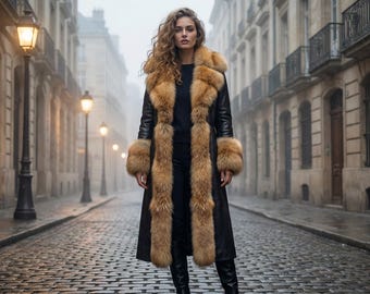 Handmade Black Leather Coat With Real Fox Fur Womens Luxury Winter Coat