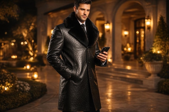 Handmade Black Ostrich Embossed Leather Coat With Fur Collar Luxury Mens Coat