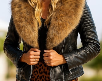 Giacca in pelle nera fatta a mano con collo in vera pelliccia di volpe marrone, cappotto invernale di lusso da donna