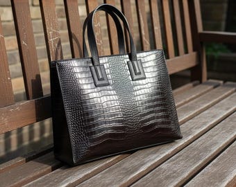 Luxury Handmade Black Crocodile Leather Tote Bag for Women