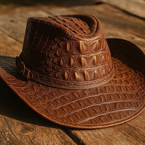 Cappello da cowboy fatto a mano in pelle marrone con stampa coccodrillo