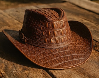 Handmade Brown Crocodile-Embossed Leather Cowboy Hat