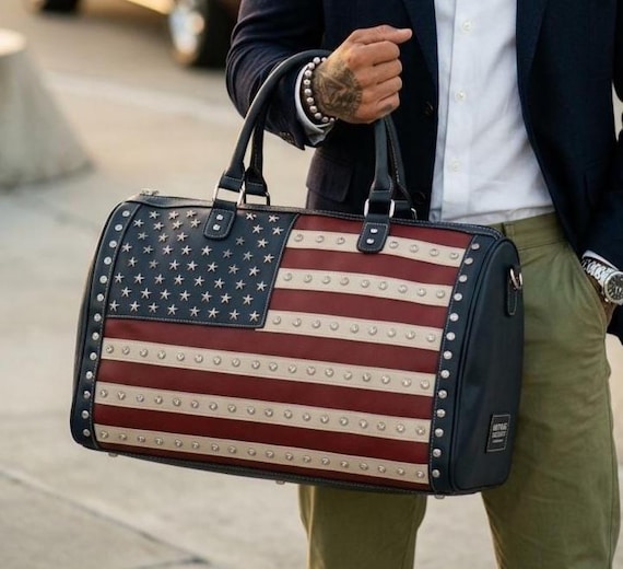 American Flag Leather Duffle Bag: USA Travel Weekender with Stainless Steel Stars
