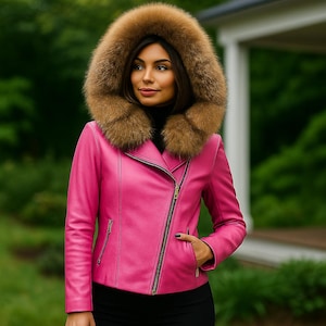 Women&#39;s Black Leather Jacket with Real Fox Fur Hood – Luxury Genuine Leather Coat with Silver Zippers– Perfect Gift For Her