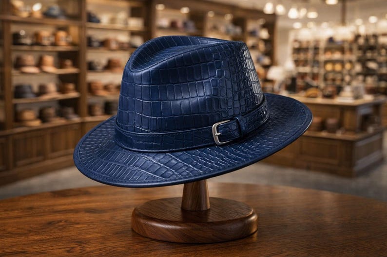 Puede incluir: Un sombrero fedora azul marino con un patr&oacute;n texturizado similar al de un cocodrilo. El sombrero presenta una banda a juego con una hebilla plateada. Se exhibe en un soporte de madera en una tienda de sombreros.