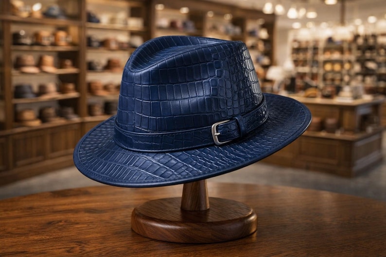 Puede incluir: Un sombrero fedora azul marino con un patr&oacute;n texturizado similar al de un cocodrilo. El sombrero presenta una banda a juego con una hebilla plateada. Se exhibe en un soporte de madera en una tienda de sombreros.