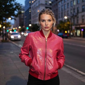 Peut inclure: Veste bomber rose vif avec une texture crocodile. La veste a un col, des poignets et une taille rouges, et une fermeture éclair argentée. La personne est debout dans une rue de la ville.