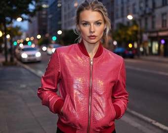Handmade Pink Crocodile Texture Leather Bomber Jacket for Women Luxury Street Style