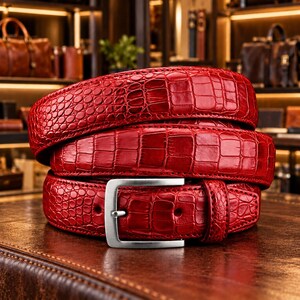 May include: A bright red belt featuring a textured crocodile skin pattern and a polished silver-tone metal buckle. The belt is coiled into a circular shape, showcasing the embossed scale details and the sturdy construction of the leather strap.