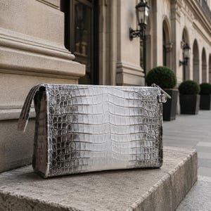 Puede incluir: Un bolso de mano rectangular con un patrón texturizado de escamas en un degradado de blanco a gris oscuro. El bolso cuenta con un cierre de cremallera superior, una anilla metálica lateral y una silueta estructurada con costuras visibles en los bordes.