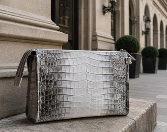 Handmade Crocodile Embossed Leather Wristlet Clutch, Unisex Travel Pouch Organizer