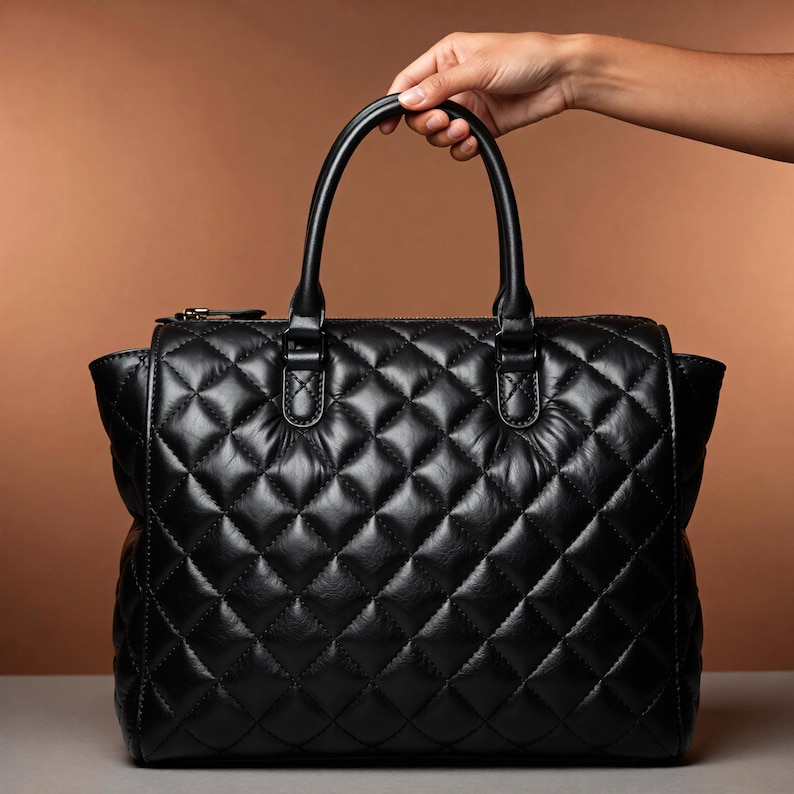 Puede incluir: Bolso negro acolchado con un patr&oacute;n de diamantes. El bolso tiene dos asas cortas y un cierre de cremallera. El bolso est&aacute; sostenido por una mano. El fondo es de color marr&oacute;n liso.
