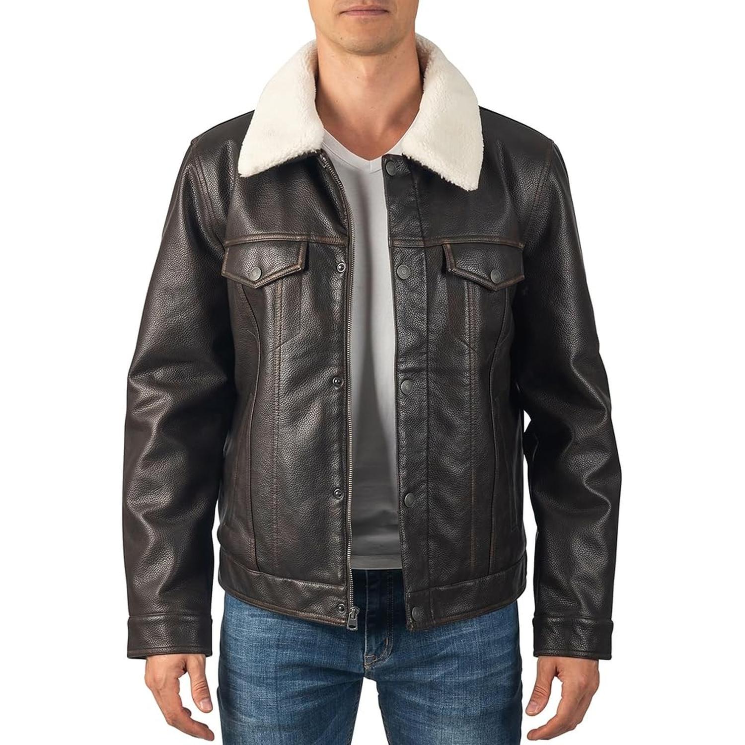 Stylish Vegan Leather Trucker – Warm Sherpa Collar Men's Outerwear