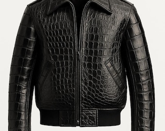 Aviator Black Alligator Leather Jacket for Men's Cow-skin With