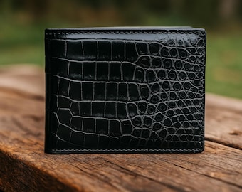 Handmade Black Alligator Leather Bifold Wallet for Men