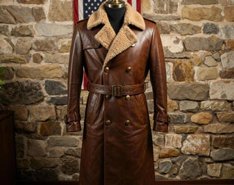 Handgefertigter Herren Brown Schaffell Leder Trenchcoat, Vintage Military Style