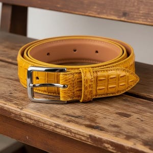 Puede incluir: Un cinturón amarillo con un patrón texturizado similar al de un cocodrilo. Tiene una hebilla plateada y un interior marrón claro. El cinturón está enrollado sobre una superficie de madera. La longitud del cinturón es de aproximadamente 100 cm.