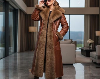 Handgefertigter Damen Lammfellmantel - Langer brauner Pelzkragen Winter Trenchcoat