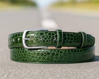 Embossed Crocodile Leather Belt: Classic Green Men's Belt, 35mm