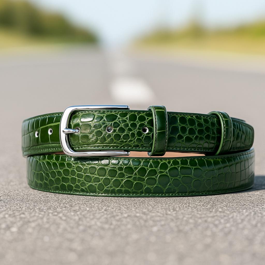 Vintage Caiman Leather Belt Green Exotic Skin Western Buckle Handmade SZ 32 Handmade Green Alligator Genuine Belly Leather Skin Men main image 4