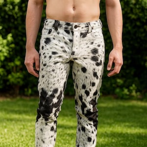 Customized Cowhide Leather Pants for Men – Natural Hair-On Cowhide, Trendy Animal Print Western Style, Unique Handmade Gift for Him