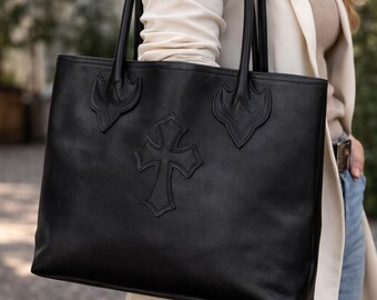 Handmade Genuine Leather Gothic Cross Tote Bag – Unisex Black Shoulder Handbag