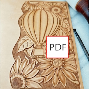 Leer snijpatroon | Zonnebloemen en ballonnen | Uniek bloemmotief | Notitieboekomslag, leerbewerking, decoratief | PDF | DC-006